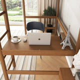 KEIKI Twin Size Loft Bed with Desk, Rubber Wood Bunk Bed with Ladder & Guardrails, Teddy Fleece Fabric Headboard/Footboard, Small Space, Natural KEIKI