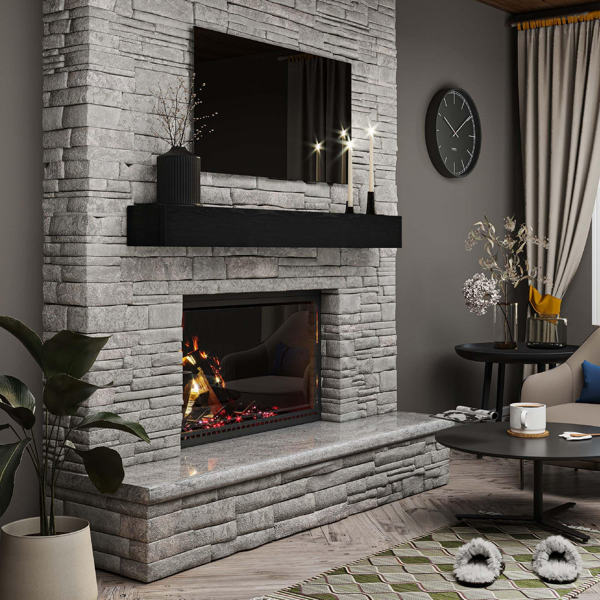BoscoMondo Fireplace Mantel, Handcrafted Rustic from Solid Pine, Wall-Mounted Floating Farmhouse Shelf - 8x6x60 Deep Black BoscoMondo