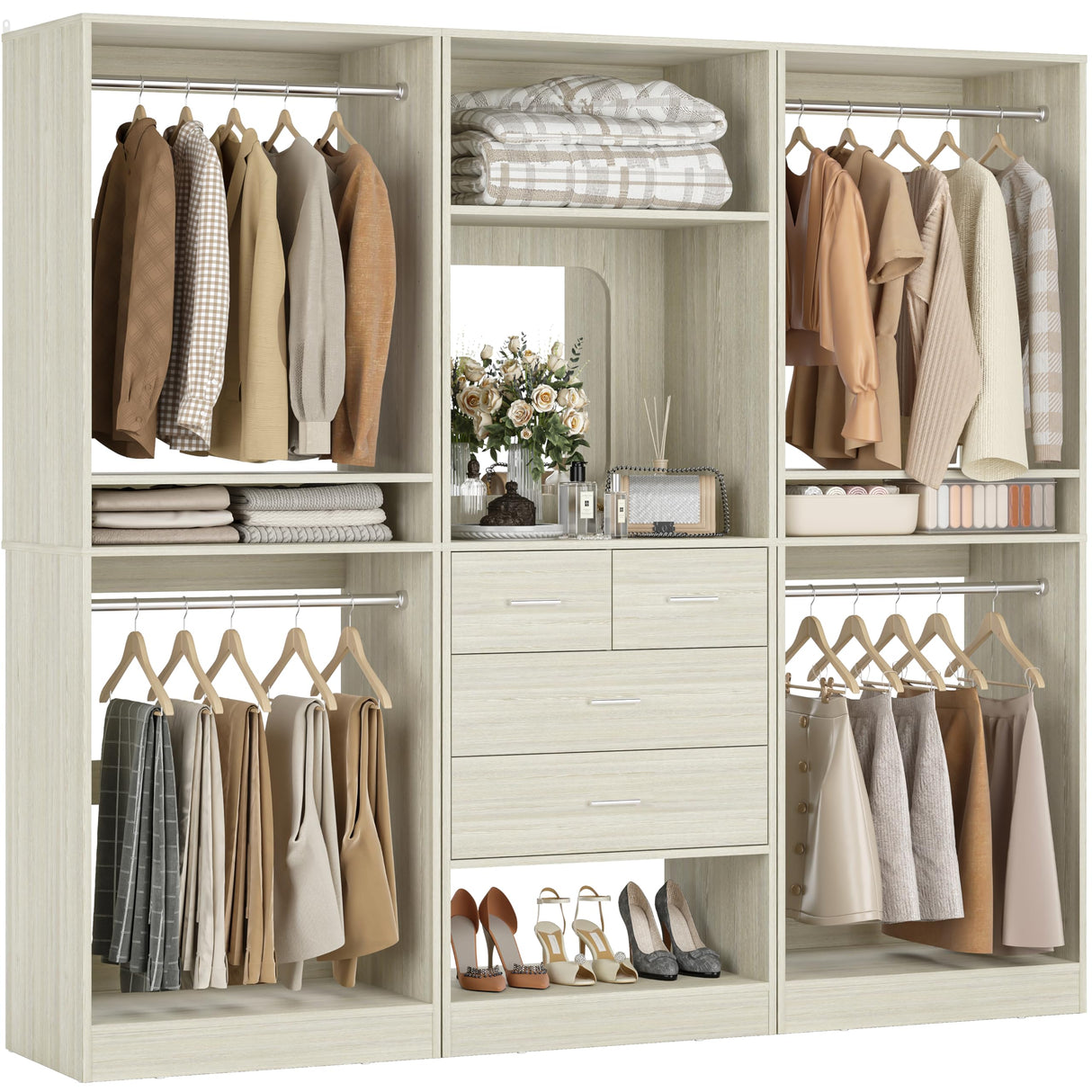 Unikito 75” Closet System with 4 Drawers, 6.3FT Wood Walk in Closet Organizer with Hanging Rods and Mirror, Reversible Large Closet Wardrobe with Shelves, Max Load 2000 LBS, White Oak Unikito