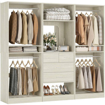 Unikito 75” Closet System with 4 Drawers, 6.3FT Wood Walk in Closet Organizer with Hanging Rods and Mirror, Reversible Large Closet Wardrobe with Shelves, Max Load 2000 LBS, White Oak