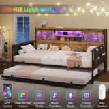 Dnxao Daybed with Pop Up Trundle,Farmhouse Twin to King Daybed with 2-Tier Storage,LED Lights and Charging Station,2 Storage Pockets,Twin Bed Frame for Living Room,Bedroom,Rustic Brown Dnxao