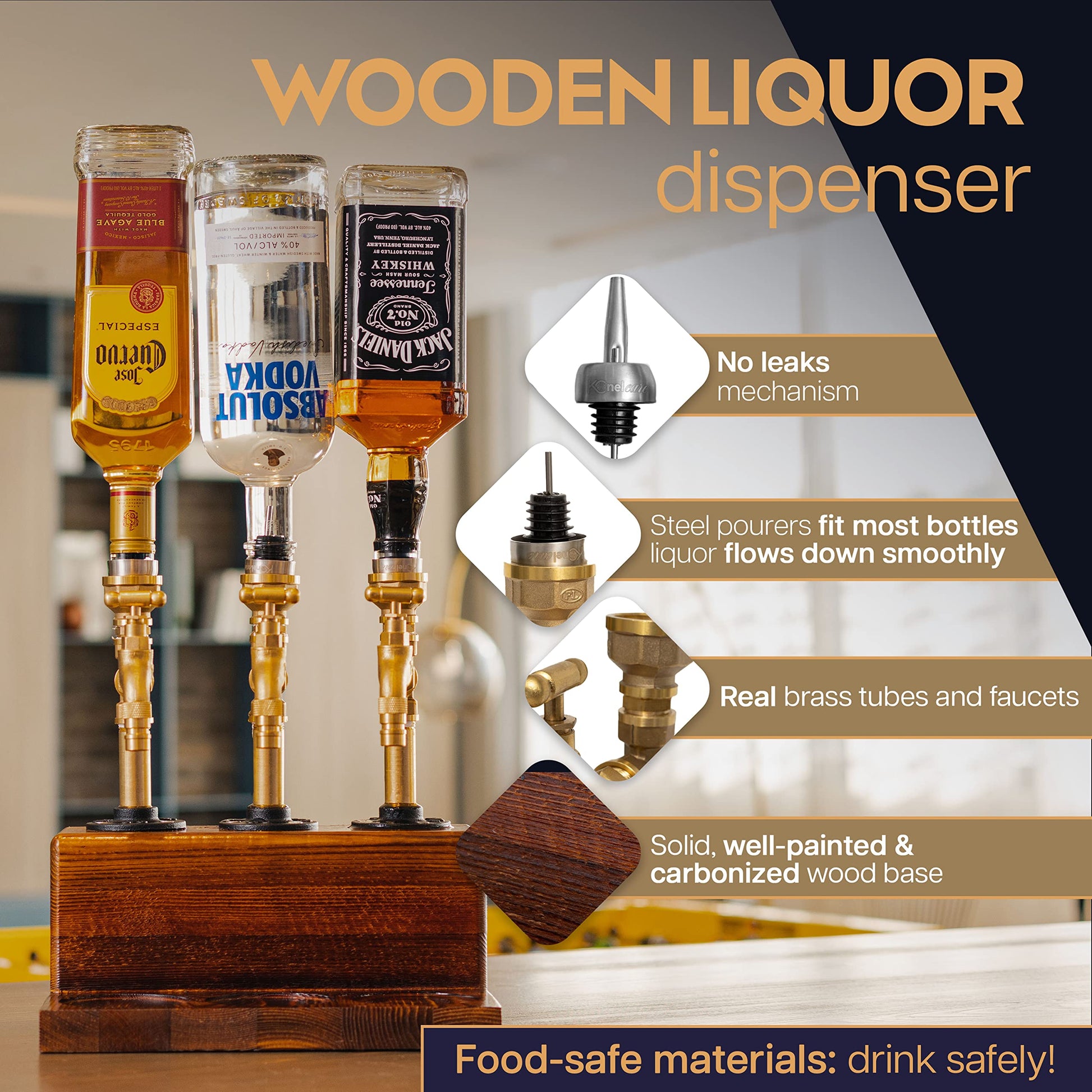 KONELCARE Wood Liquor Dispenser-Solid Base Real Brass, Leakproof,Smooth Pouring Dispenser for Home Bar- Fathers Day Alcohol Gifts for Men - WoodArtSupply