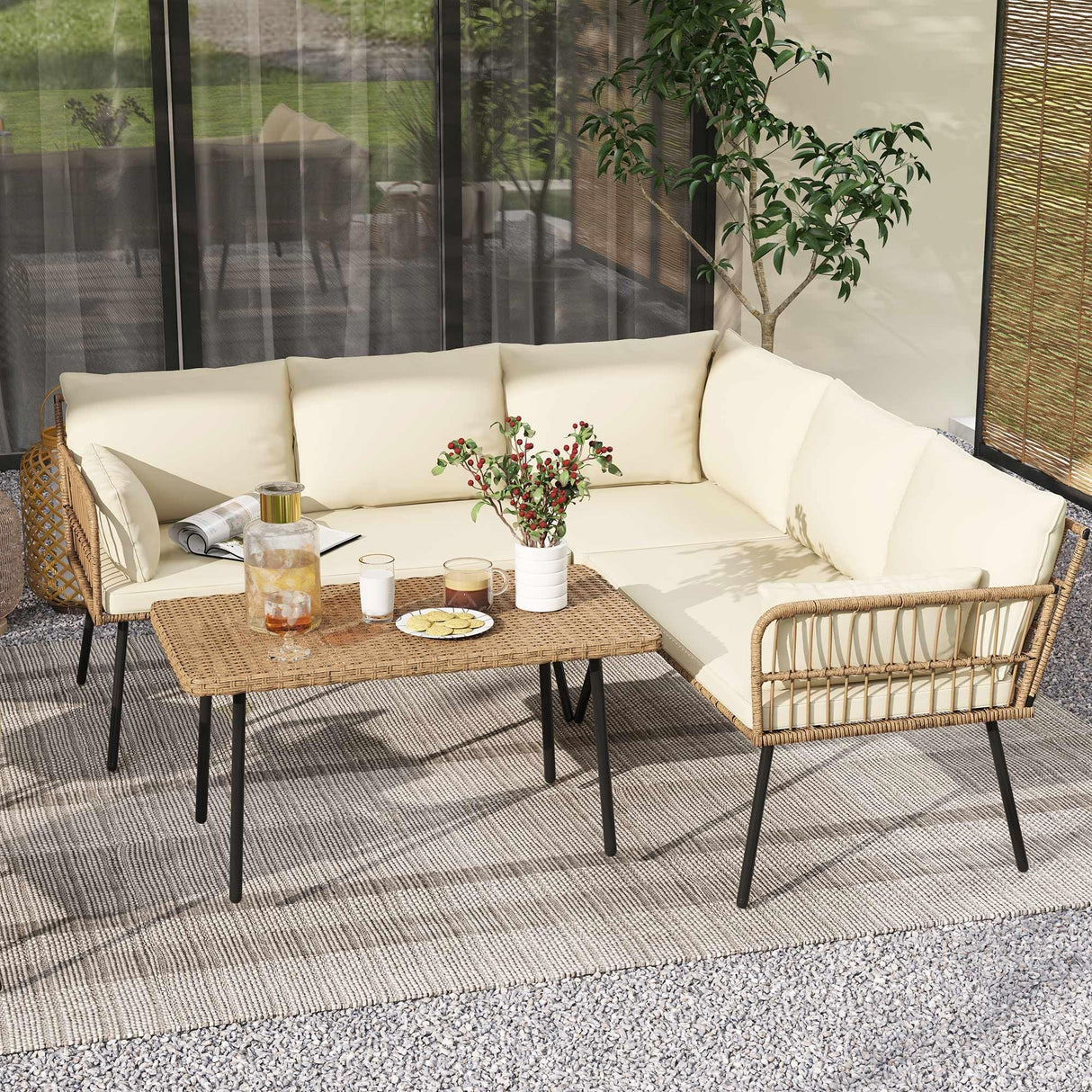 DWVO Patio Furniture Set, 4 Pieces Outdoor Patio Conversation Set, All-Weather PE Rattan Sectional L-Shaped Sofa with Soft Cushion and Side Table for Backyard, Porch, Boho Detachable Lounger (Beige) DWVO