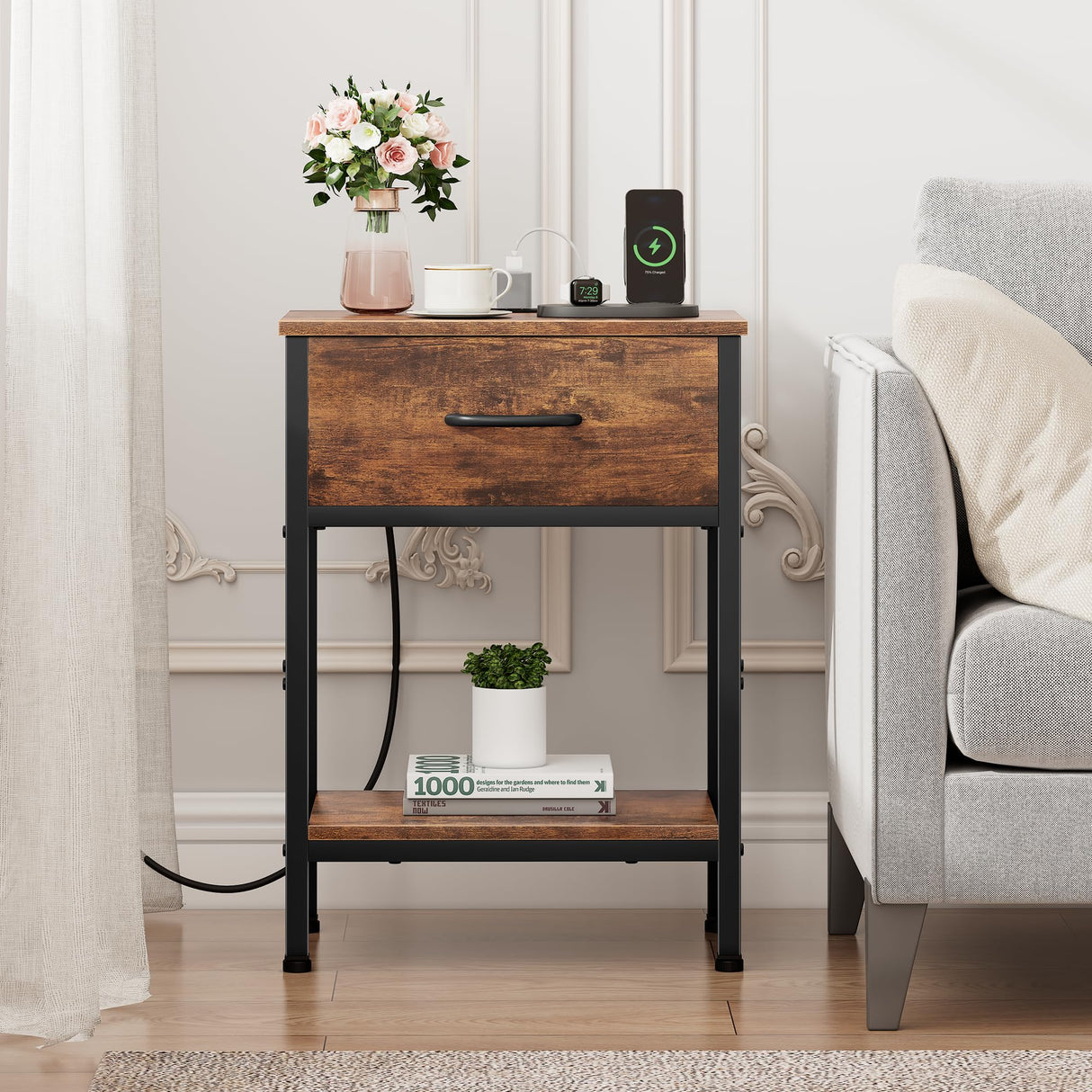Vagusicc Nightstand with Charging Station, End Table with Fabric Drawer, Small Side Table with 2-Tier Storage Shelves, 25.4" Tall Bedside Table, Night Stand for Bedroom Living Room Dorm, Rustic Brown Vagusicc