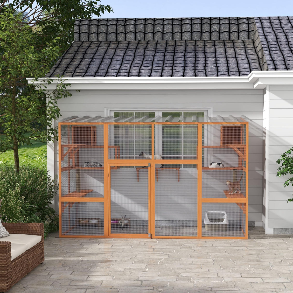 PawHut Catio, Outdoor Cat Enclosure Window Box, Wooden Cat House Playground with Scratching Posts, Weather Protection Roof for 1-5 Kitties, Resting Boxes, 118" x 55" x 75.5", Orange PawHut