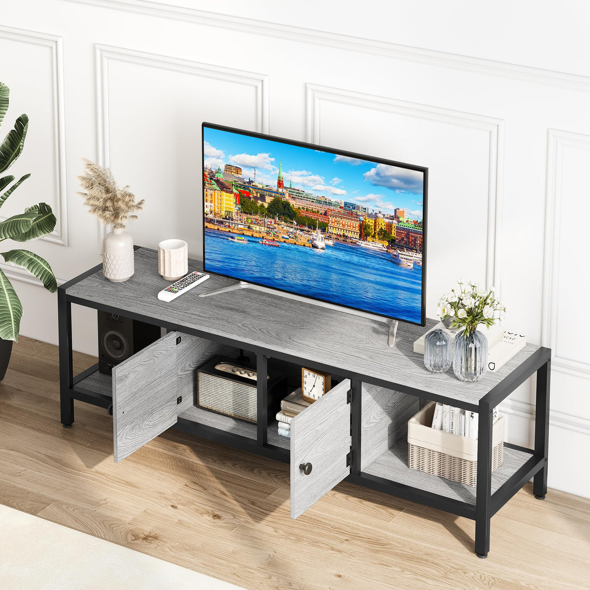 GAOMON 65" TV Stand for TV up to 75 Inches, Large TV Console Table with 2 Closed Storage Spaces and Open Compartments, Wooden Entertainment Center with Adjustable Feet for Living Room, Bedroom, Grey GAOMON