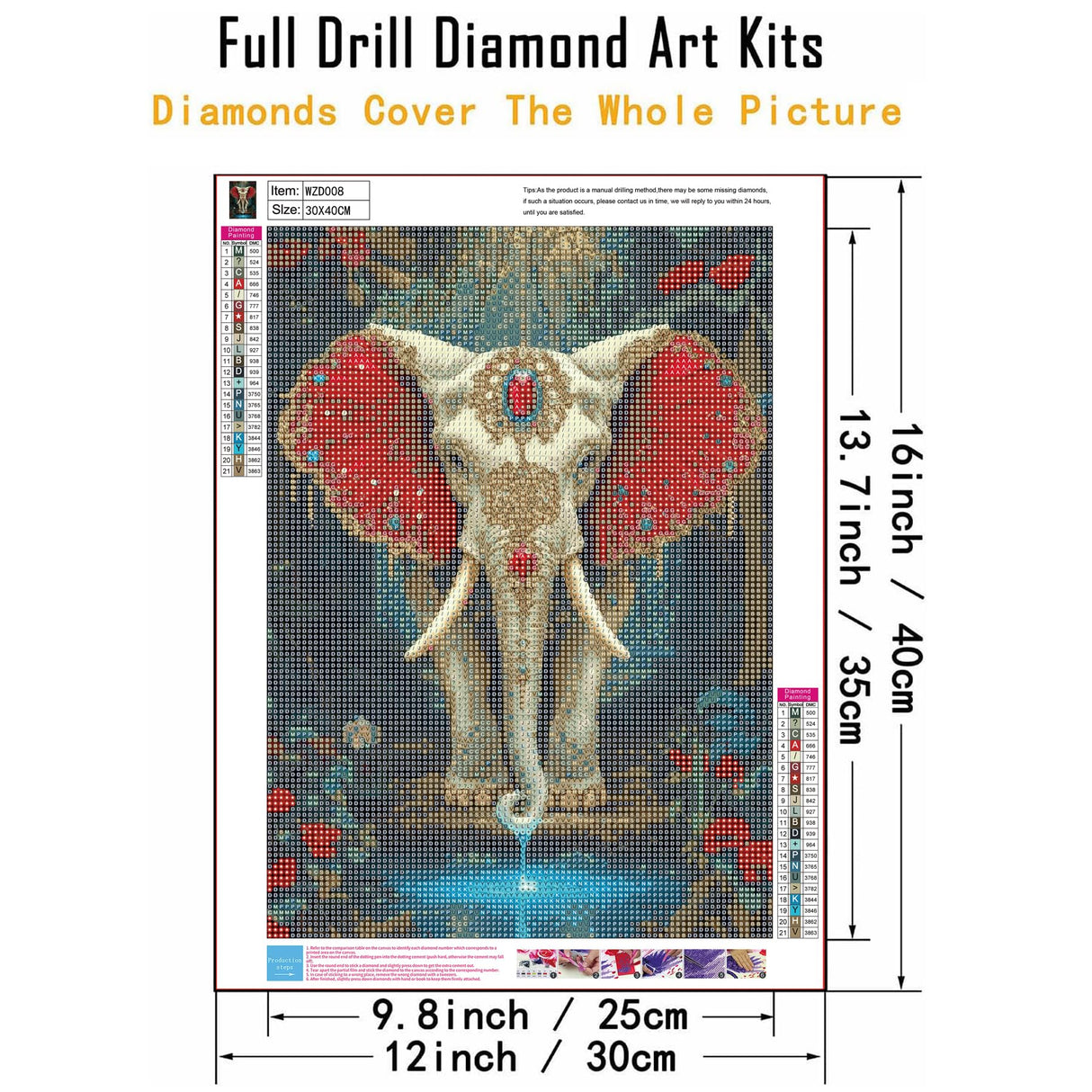WGSMGL 5D Diamond Art Set, Elephant for Adult Beginners, DIY Full Round Diamond Diamond Painting Set, Diamond Dot Gem Art Crystal Easy Elephant Painting, Home Wall Decoration 12X16 Inch WGSMGL