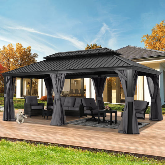 ABCCANOPY 12x20 Hardtop Gazebo - Outdoor Metal Gazebo with Galvanized Steel Roof, Permanent Aluminum Pavilion with Netting and Curtain for Patio, Lawn, Garden (Double Roof, Gray)