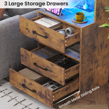 VIAGDO Tall Nightstand Set of 2 with Charging Station and LED Lights, Rustic Brown Night Stand Set 2 with Bookshelf, Modern LED Bedside Tables with 3 Drawers and Storage Shelves, Side Tables Bedroom VIAGDO