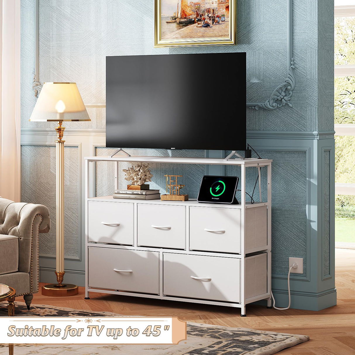 WLIVE White Dresser for Bedroom with 5 Fabric Drawers, Entertainment Center with Open Shelf and Power Outlet for 45 inch TV, Dresser TV Stand with Storage for Closet, Hallway, College Dorm WLIVE