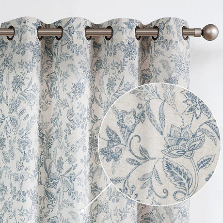 Lazzzy Linen Farmhouse Curtains for Living Room 84 Inch Length Floral Print Window Curtains Semi Sheer Drapes for Bedroom Country Light Filtering Curtain Grommet Top 2 Panels Blue on Beige Lazzzy