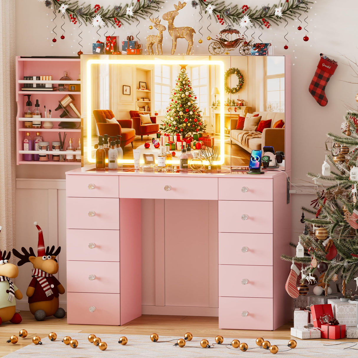SDMY 46" Makeup Vanity with Large LED Mirror, Glass Tabletop Vanity Desk, 11 Storage Drawers, Hidden Storage Behind Mirror, Charging Station, Bedroom Vanity with Mirrored Cabinet (Pink) SDMY
