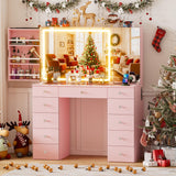 SDMY 46" Makeup Vanity with Large LED Mirror, Glass Tabletop Vanity Desk, 11 Storage Drawers, Hidden Storage Behind Mirror, Charging Station, Bedroom Vanity with Mirrored Cabinet (Pink) SDMY