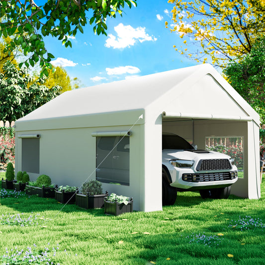 AirWire Carport 10' x 20' Heavy Duty Portable Garage, Carport Canopy with Side-Opening Door & Roll-Up Windows, Car Canopy Reinforced Four-Hole Base for Car, Truck, Boat, Party, White