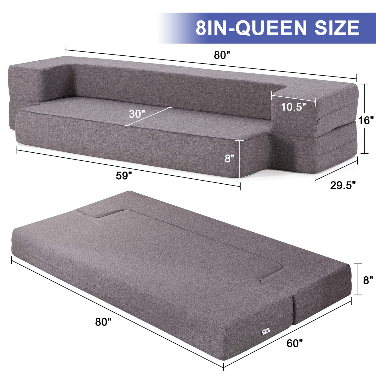 Lazyzizi Floor Sofa Bed, Fold Out Couch Bed with 2 Pillows & Washable Cover Convertible Sleeper Folding Sofa Bed Mattress for Living Room, Guest Bed, Playroom 8inches, Queen Lazyzizi