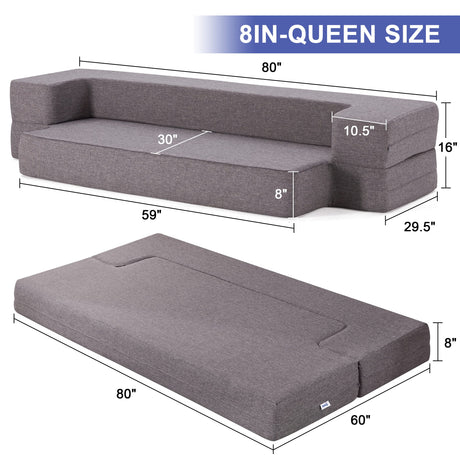 Lazyzizi Floor Sofa Bed, Fold Out Couch Bed with 2 Pillows & Washable Cover Convertible Sleeper Folding Sofa Bed Mattress for Living Room, Guest Bed, Playroom 8inches, Queen Lazyzizi