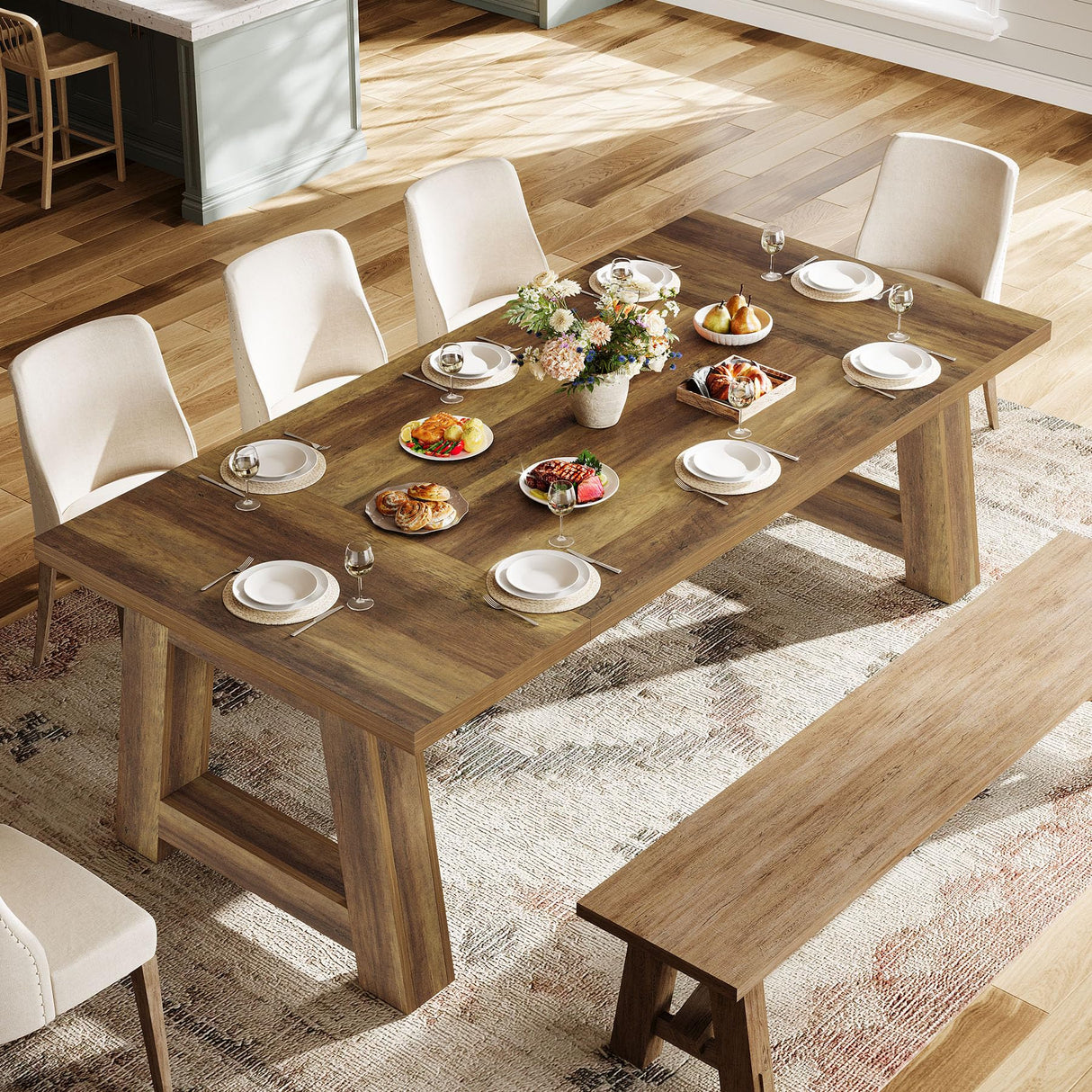 Tribesigns 70.5'' Long Dining Table for 6-8, Farmhouse Wooden Kitchen Table with Sturdy Legs, Large Rectangle Dinner Furniture for Home, Dining Room, Brown Tribesigns