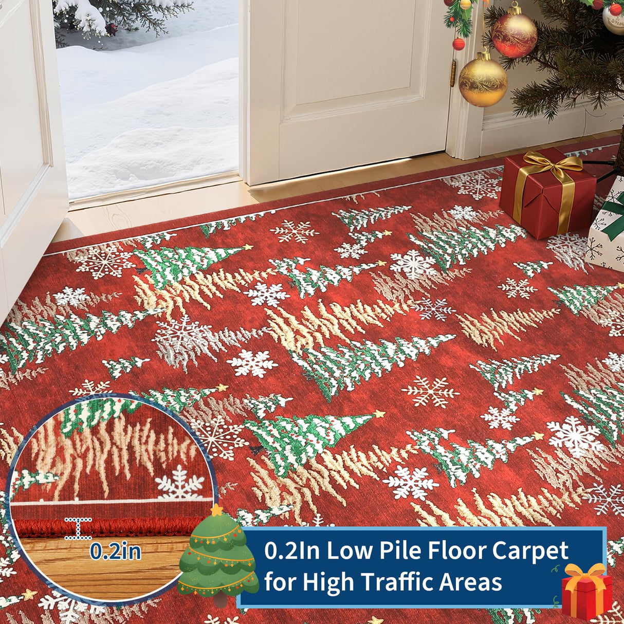 GarveeHome Red 8x10 Christmas Rug Living Room Rug Non Slip Washable Stain Resistant 8x10 Washable Rugs Christmas Tree Snow Print Low Pile Soft Holiday Decor Carpet for Bedroom Laundry Room GarveeHome