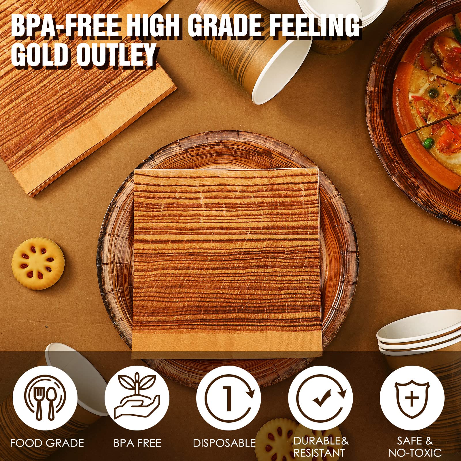 Skylety 200 Pcs Rustic Wood Grain Paper Plates Camping Party Tableware Set Disposable Fall Plate Cup Napkin Hunting Birthday Party Decorations Woodland Party Dinnerware Serve 50 Guests - WoodArtSupply