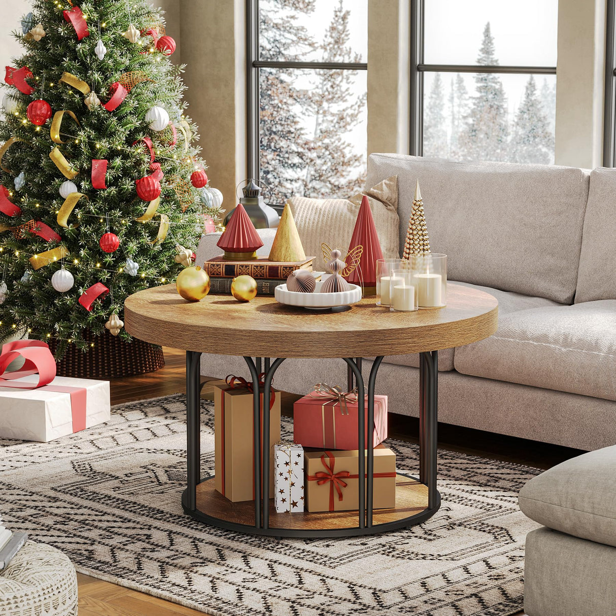 LITTLE TREE Round Coffee Table 31.5'', Modern Coffee Table with 2-Tier Storage, Farmhouse Center Table, Easy Assembly for Living Room, Rustic Brown LITTLE TREE