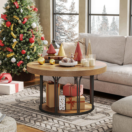 LITTLE TREE Round Coffee Table 31.5'', Modern Coffee Table with 2-Tier Storage, Farmhouse Center Table, Easy Assembly for Living Room, Rustic Brown LITTLE TREE