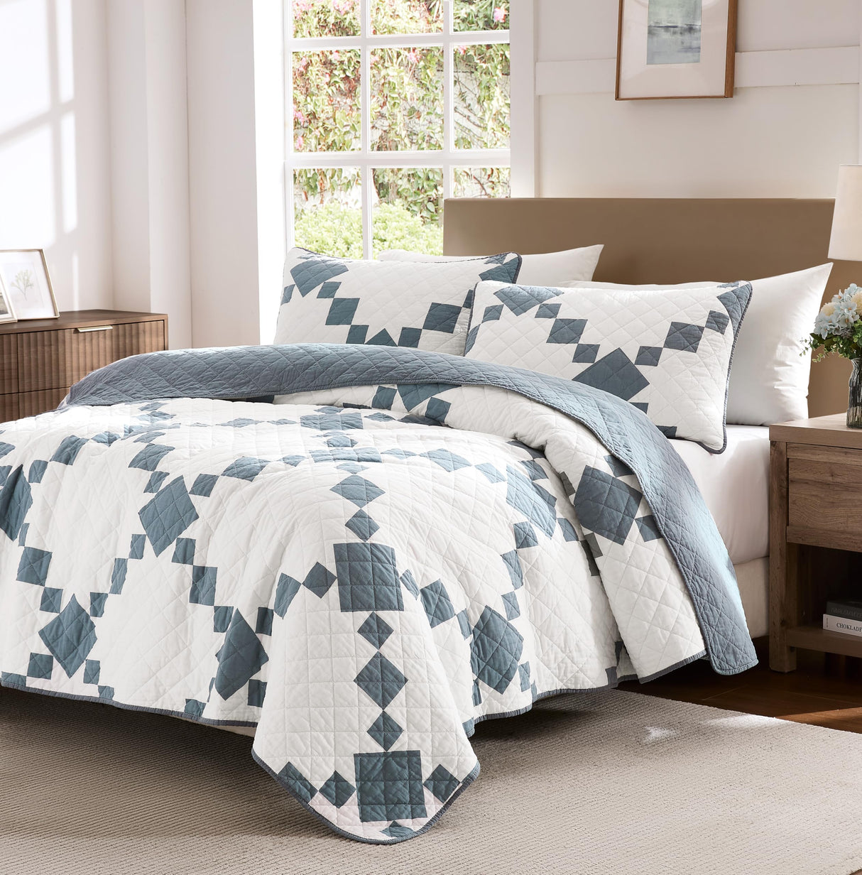 WDCOZY 100% Cotton Quilt Queen Size, Lightweight Reversible Gingham Patchwork Bedding Set with 2 Pillow Shams, Blue Block Pattern Farmhouse Bedspread Shabby Chic Coverlet Thin Comforter All Seasons WDCOZY