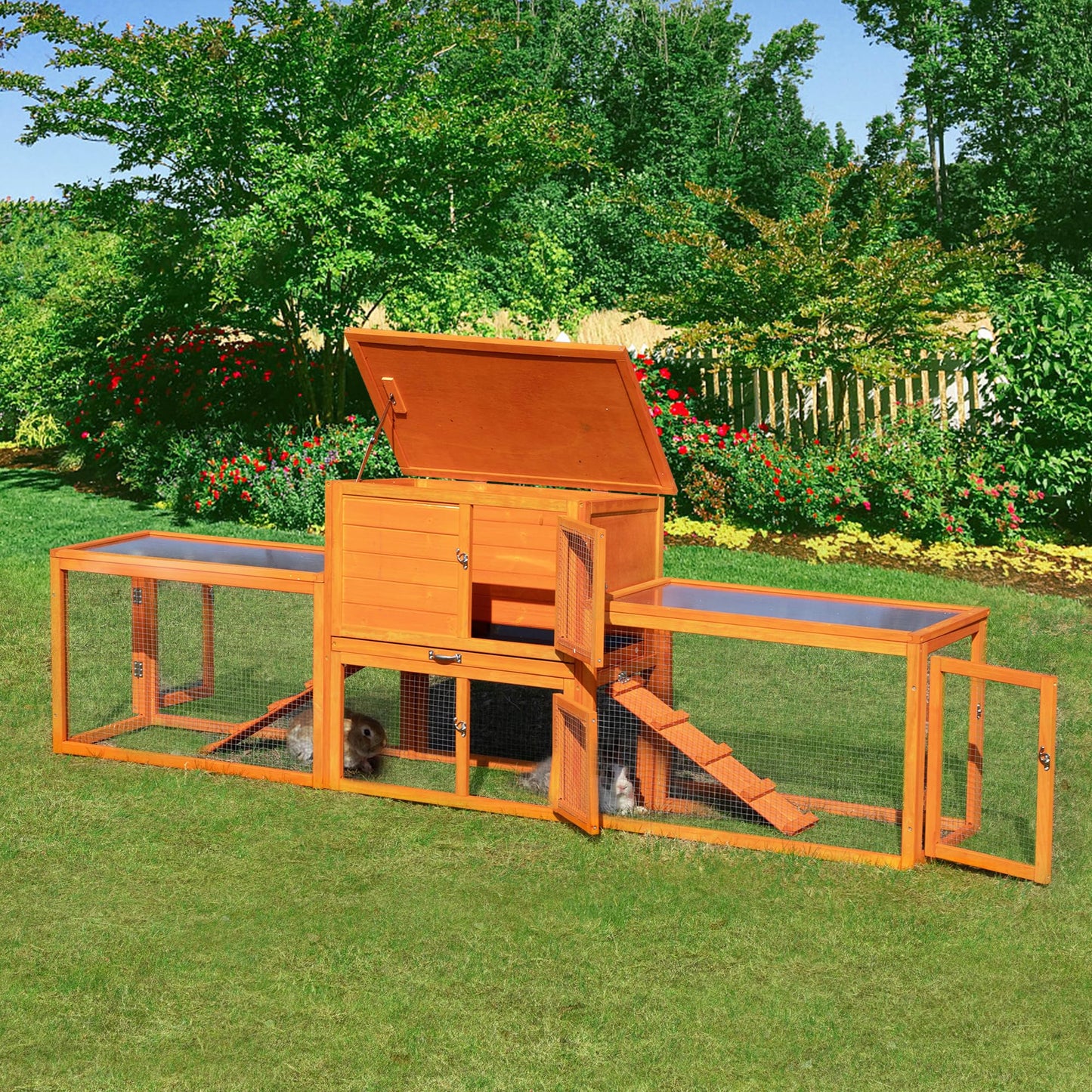 COZIWOW Extra Large Rabbit Hutch Bunny Cage Outdoor Indoor, 2-Story 94.5”L Wooden Bunny Hutch for 2 Rabbits, Big Rabbit Cage with Cleaning Tray & Waterproof Roof & Runs (Orange) - WoodArtSupply