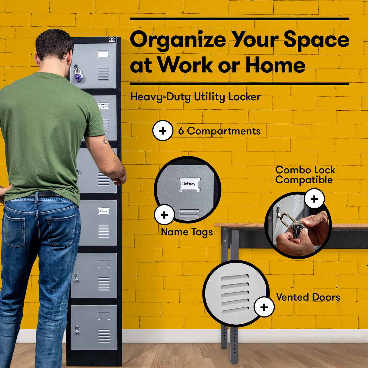 Fedmax Locker Storage Cabinet - 6 Metal Wall Lockers for School, Gym, Home, Office Employee Lock Box, 71 Inches High - Black/Grey Fedmax