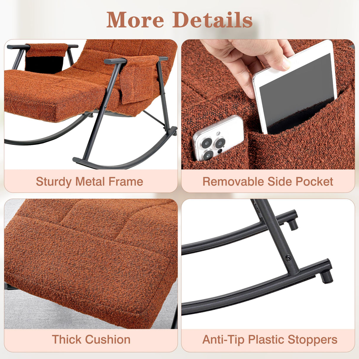 VECELO High Back Nursery Rocking Chair with Foot Rest, Teddy Upholstered Reclining Glider Rocker, Comfy Armchair Padded Seat Removable Side Pockets for Living Room, Bedroom, Balcony VECELO