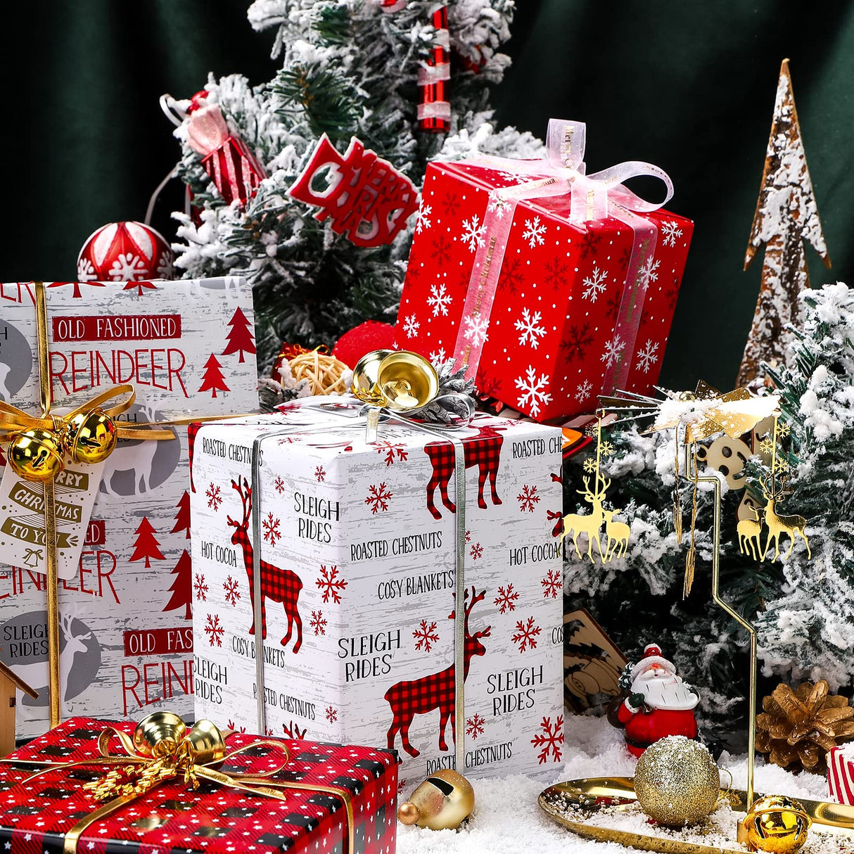 WRAPAHOLIC 30 Inch Christmas Wrapping Paper Roll - Jumbo Roll Rustic Holiday Woodland Scenes - Snowflake, Plaid, Reindeer - 4 Rolls - 30 Inch x 120 Inch Per Roll WRAPAHOLIC