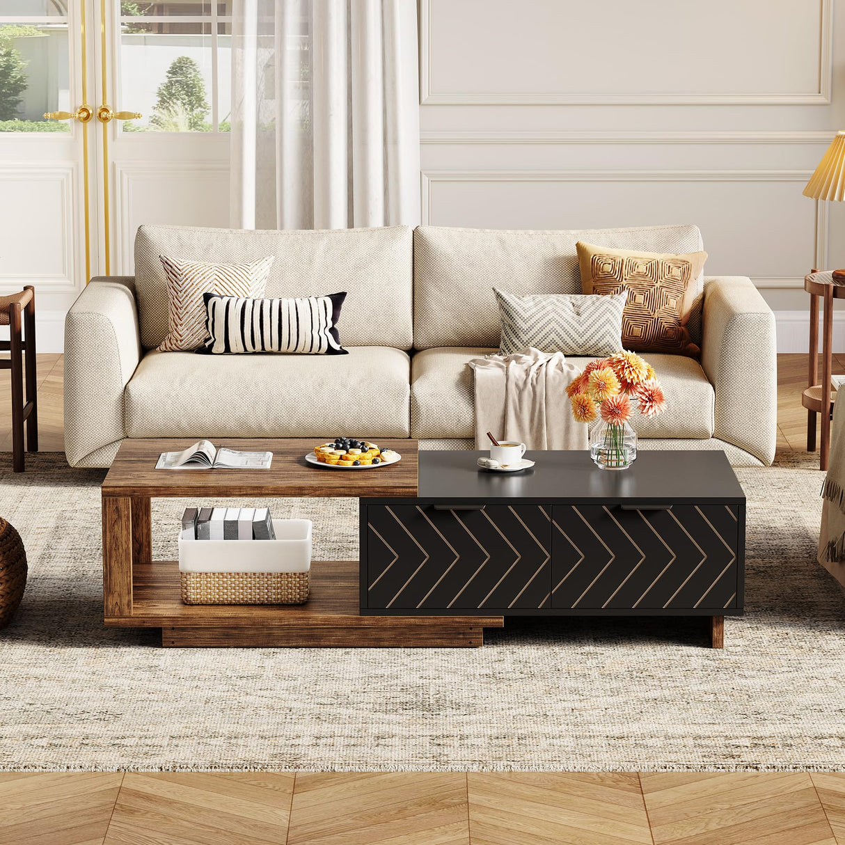 LITTLE TREE Expandable Wooden Coffee Table with 2 Drawers, Space-Saving Rectangular Farmhouse Center Table, Perfect for Living Room and Office, Brown and Black LITTLE TREE