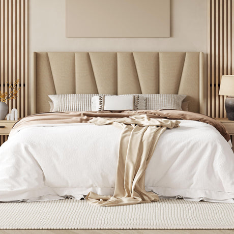 Allewie King Size Platform Bed Frame with Geometric Wingback Headboard, Modern Upholstered Bed with Wooden Slats Support, No Box Spring Needed, Easy Assembly, Beige Allewie
