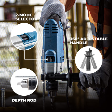 DongCheng Hammer Drill 6A,1/2 Inch Keyed Chuck, 0-3000 RPM/45000 BPM Impact Drill with 15PCS Drilling Bits for Concrete，Metal & Wood, DZJ05-13 Dong Cheng