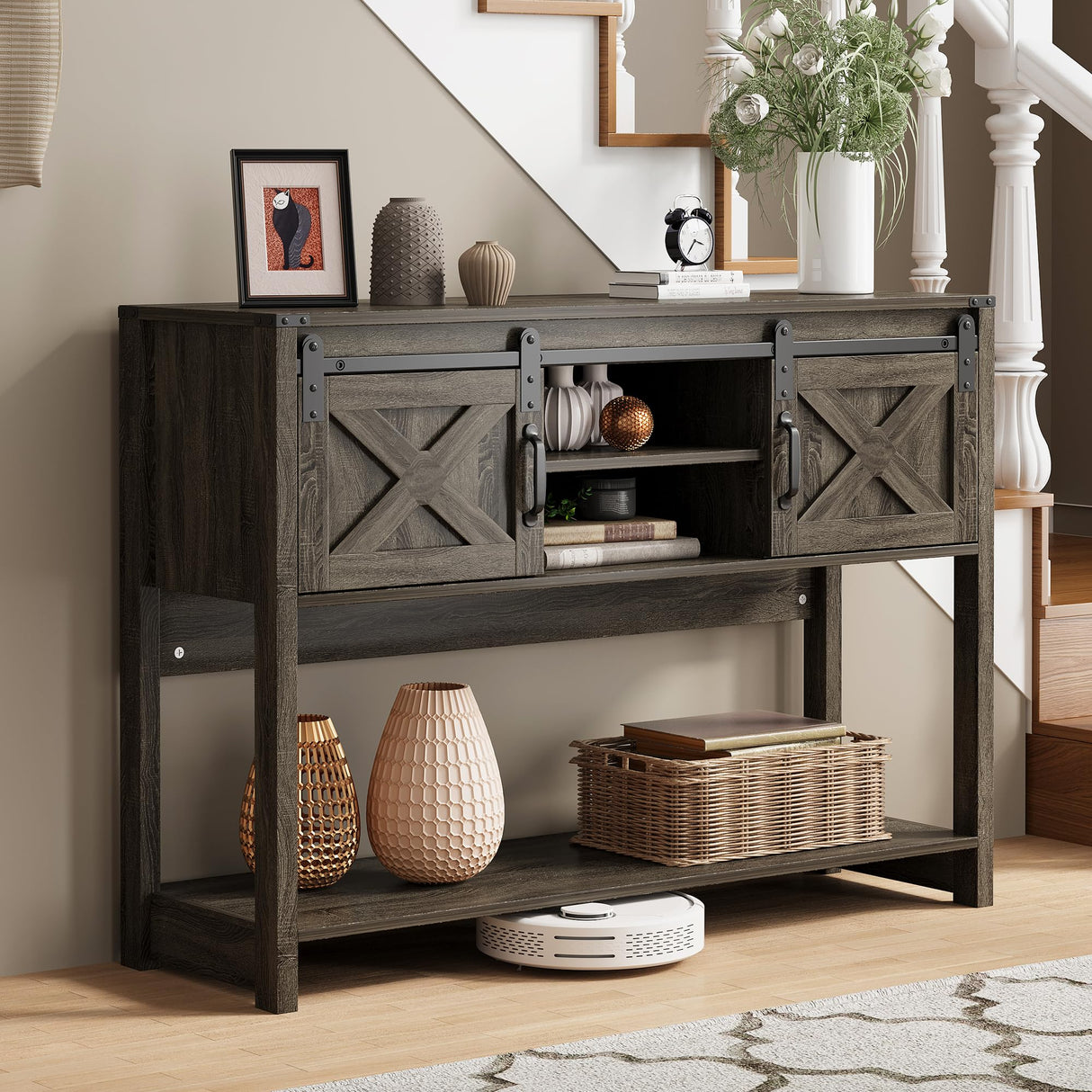 Farmhouse Console Table with Storage Shelf & Sliding Barn Door, Wood Entryway Table with Storage, 46" Narrow Long Sofa Table, Behind Couch Table, Console Tables for Living Room, Entryway, Foyer May in Color