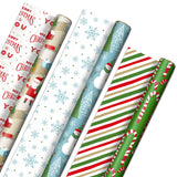 Hallmark Reversible Christmas Wrapping Paper (3 Rolls: 120 sq. ft. ttl) Rustic Santa, Papercraft Snowmen, Candy Canes, Stripes, Snowflakes, "Merry Christmas to You" Hallmark