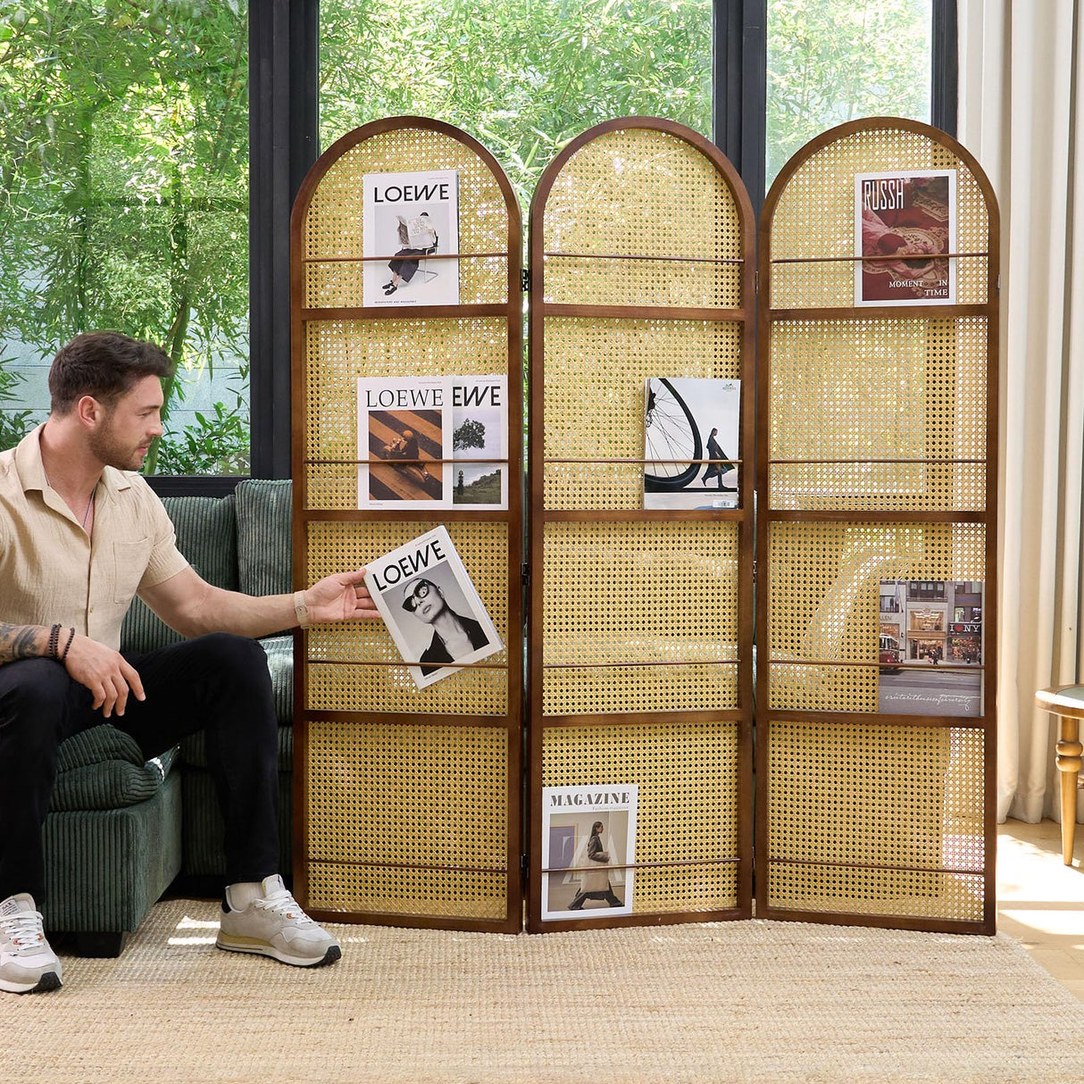 Rattan Room Divider with Bookshelf,Privacy Screen for Home Office & Bedroom,Portable Partition, Wooden Frame Svimi