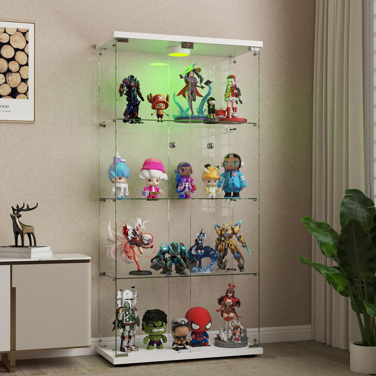 HAMBING Glass Display Cabinet with LED Lights and Lock, 4-Shelf Tempered Glass Curio Cabinet with 2 Doors, Collectible Display Showcase for Living Room, Bedroom – White HAMBING