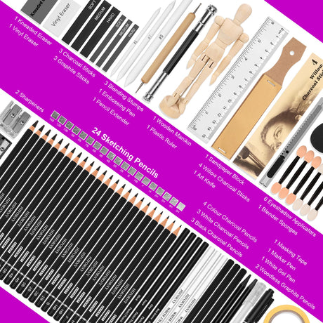 HIFORNY 70 Pcs Drawing Set Sketching Kit - Sketch Pencils Art Supplies for Adults Artists Kids with 3-Color Sketchbook,Graphite,Pastel,Charcoal Pencils,Blending Tools HIFORNY