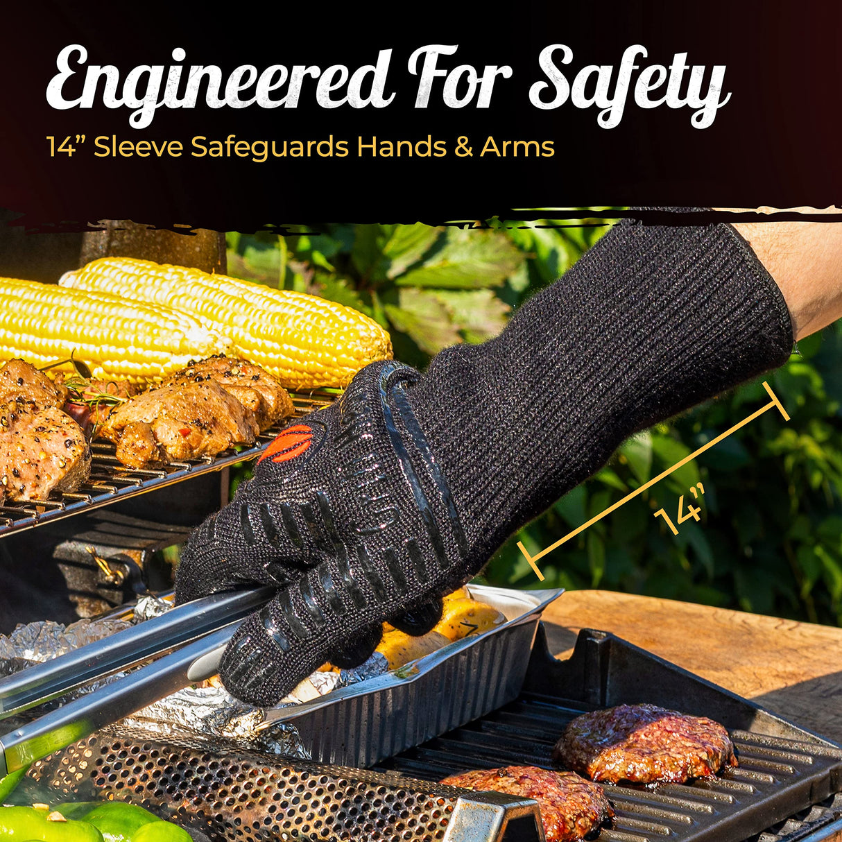 GRILL HEAT AID Premium BBQ Gloves - 1472°F Heat Resistant Gloves for Grilling, Longer Cuff Grill Gloves Heat Proof for Men, Oven Mitts for Baking, Pizza, Barbecue, Cast Iron, Fire Pit, Fireplace Grill Heat Aid