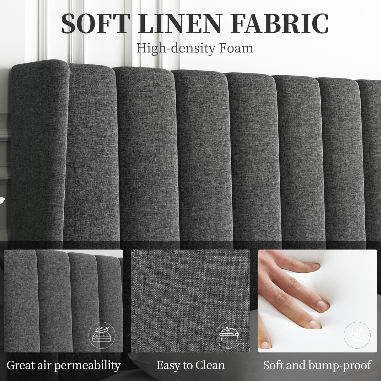 Yaheetech Dark Gray Upholstered King Bed Frame with Wing Design and Wooden Slat Support Yaheetech