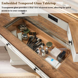 T4TREAM 48" Corner Vanity Desk with 3 Way Mirror and Lights, Farmhouse Makeup Vanity with Charging Station & Glass Top, Dressing Table with 3 Drawers, 2 Cabinets & Adjustable Shelves (Antique White) T4TREAM