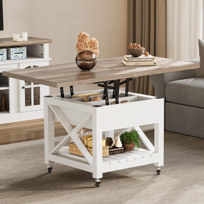 YITAHOME Lift Top Coffee Table with Wheels, Farmhouse Coffee Table Square Center Table with Storage Compartment, Rolling Coffee Table for Living Room, 2 Tier Small Coffee Table Dining Table, Grey Wash