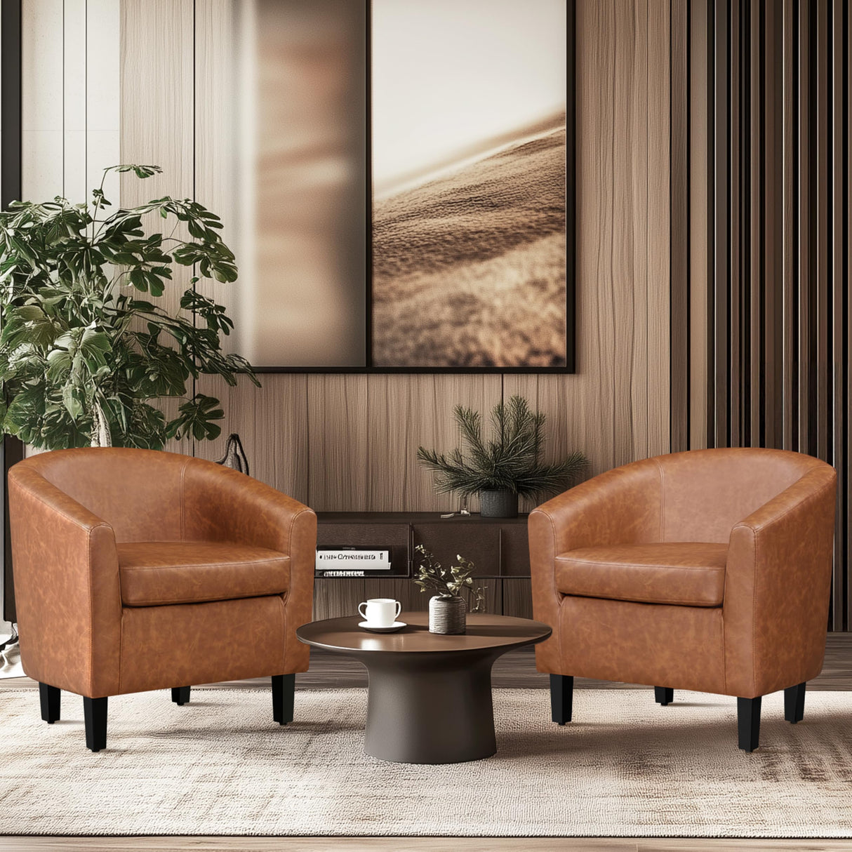 Yaheetech Brown Accent Chairs Set of 2, Faux Leather Barrel Chairs, Comfy Modern Leather Club Armchairs with Soft Seat for Living Room Bedroom Reading Waiting Room, Brown Yaheetech
