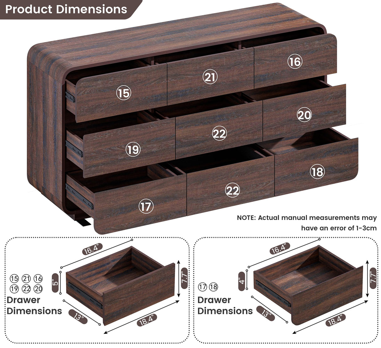 Standifurno 9 Drawer Double Dresser for Bedroom, Modern Curved Wood Chest Drawers of Handleless, Large Storage Dresser Bedroom, Living Room, Entryway, Walnut Standifurno