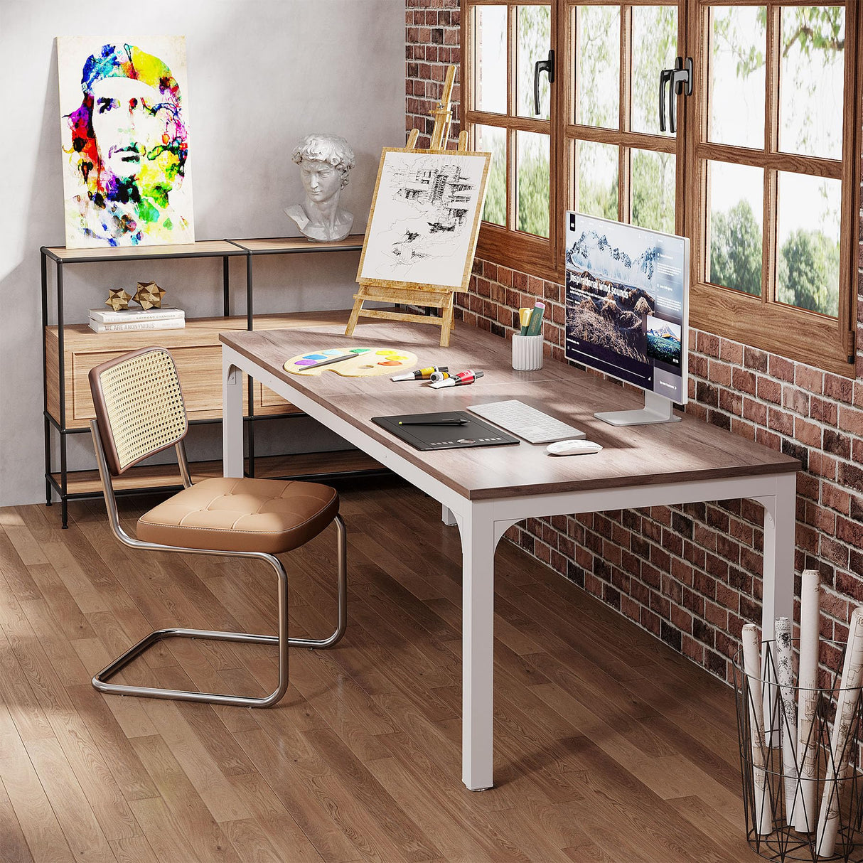 Tribesigns 2-Person Home Office Desk, 78.7" Extra Long Computer Desk, Double Workstation for Home Office, Work Desk for Two People (Oak) Tribesigns