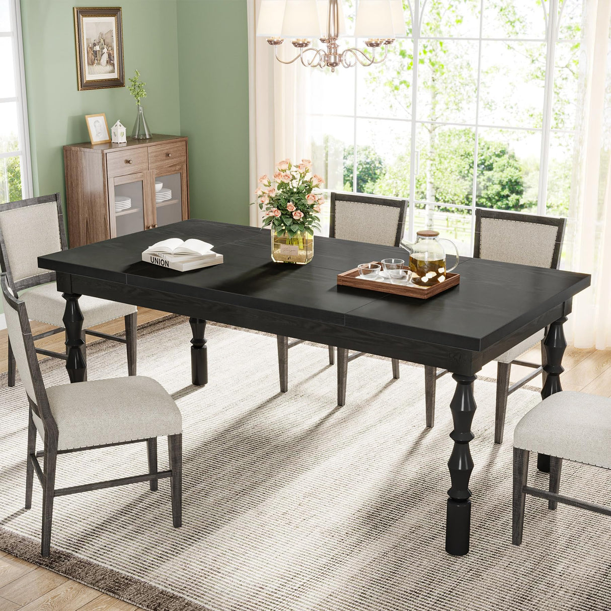 Tribesigns Wood Black Dining Table for 4-6 People, 62” Farmhouse Large Rectangle Kitchen Table, Modern Dinner Table Kitchen & Dining Room Furniture with Carved Turned Legs Tribesigns