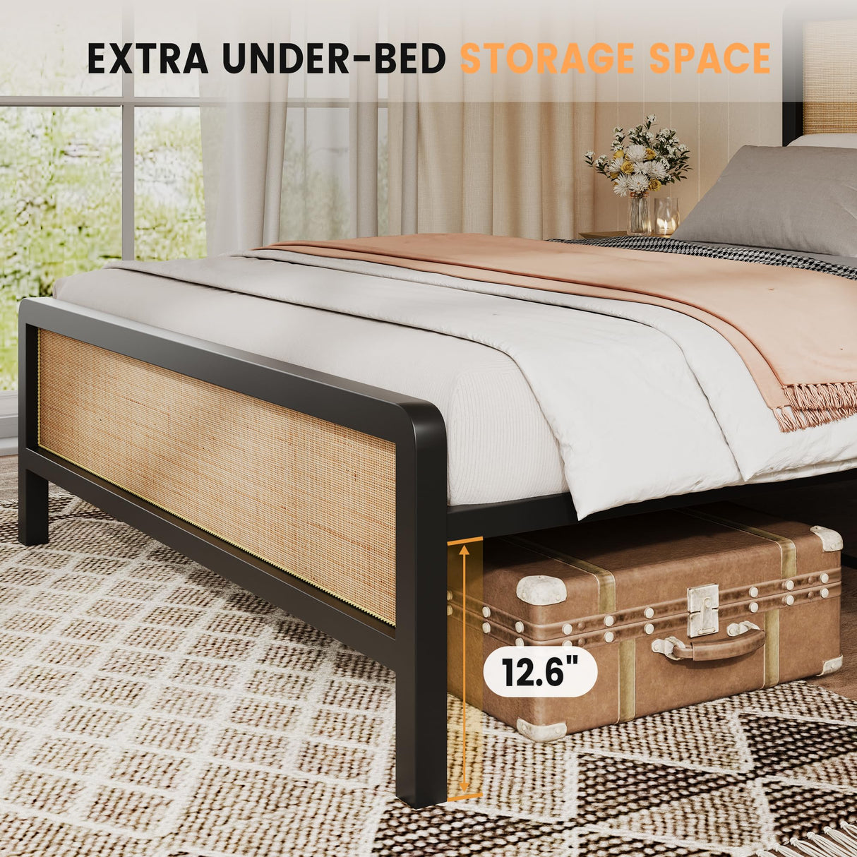 GarveeHome Queen Rattan Platform Bed Frame, Queen Size Bed Frame with Natural Rattan Headboard and Footboard, Metal Bed Frame with Under Bed Storage and Strong Slats Support, No Box Spring Needed GarveeHome