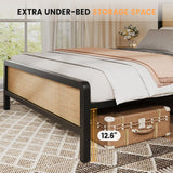 GarveeHome Full Size Rattan Platform Bed Frame, Full Bed Frame with Natural Rattan Headboard and Footboard, Metal Bed Frame with Under Bed Storage and Strong Slats Support, No Box Spring Needed GarveeHome
