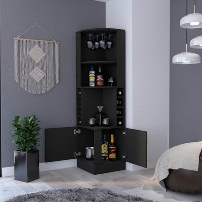 FM FURNITURE Delhi Corner Bar Cabinet, Eight Wine Cubbies, Glass Rack, Double Door Cabinet for Living Room