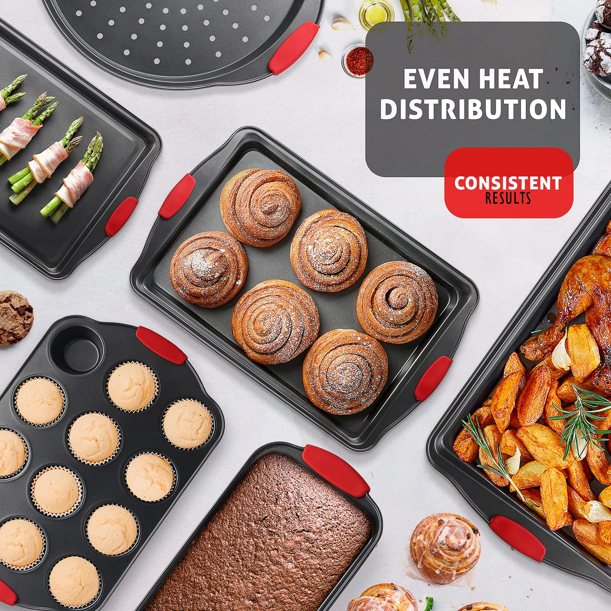 Baking Pan Set, 15 Piece Premium Nonstick Bakeware Sets BPA Free, Cookie Sheets Nonstick Steel Baking Sheets for Oven with Muffin Pan, Cake Pan & Kitchen Utensils - Black JOYTABLE